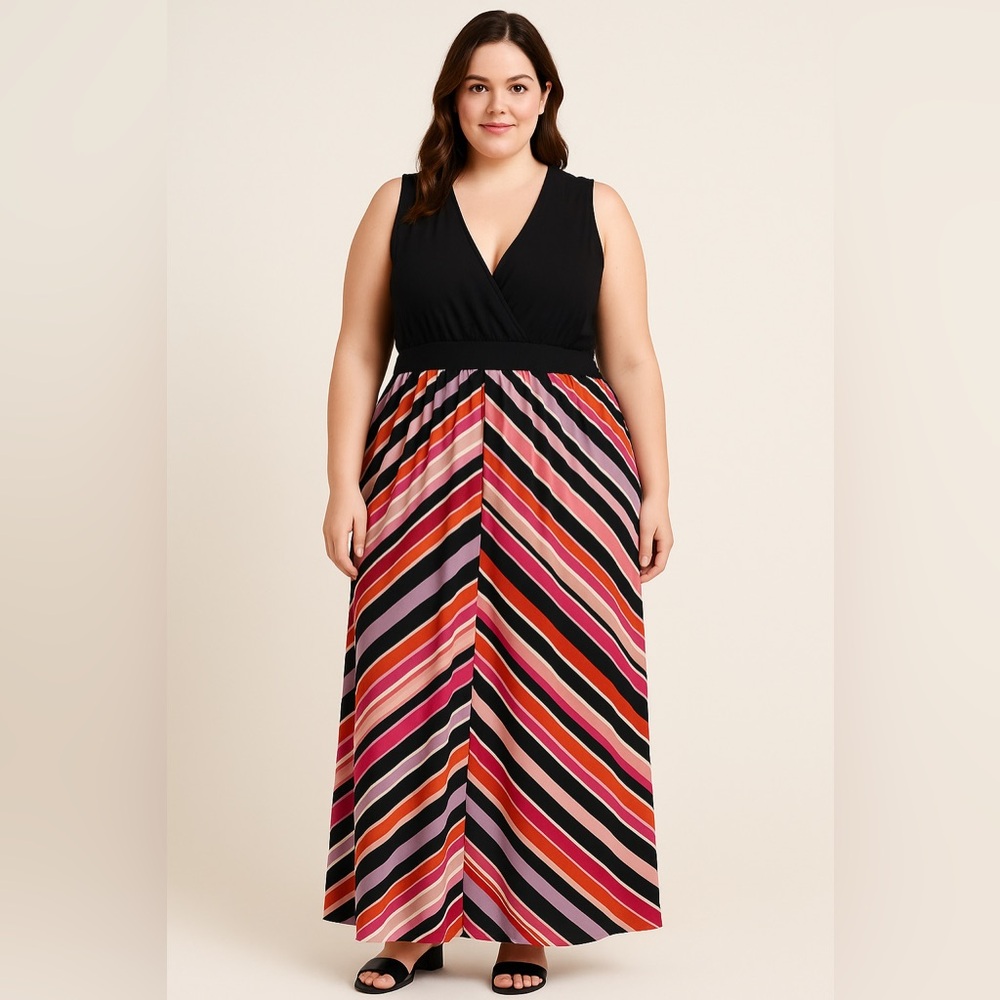 *Cato Sleeveless Maxi Dress Size 18 | Black Top Colorful Striped Skirt Plus Size